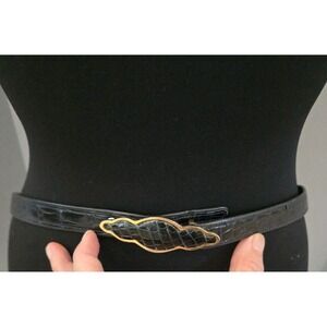 JUDITH LEIBER Vintage Navy Blue Snakeskin Gold Buckle Belt O/S Adjustable
